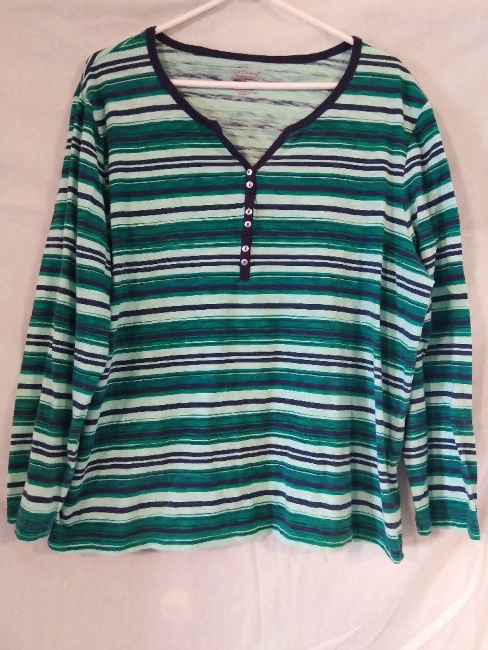 Women's NORTH CREST Shirt Size 2X Top green Blue Stiped buttons
